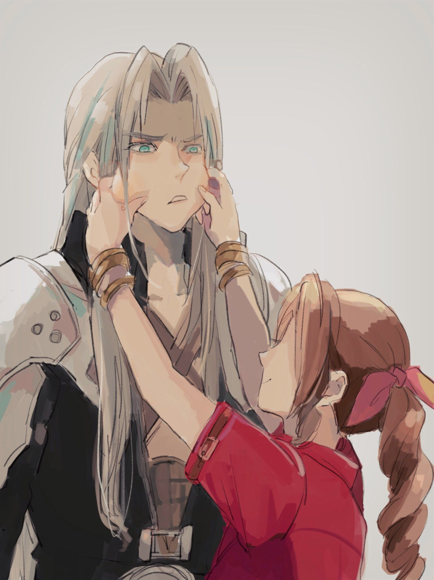 1boy, 1girl, aerith_gainsborough, armor, bangle, black_coat, bombyxmori_ckr, bracelet