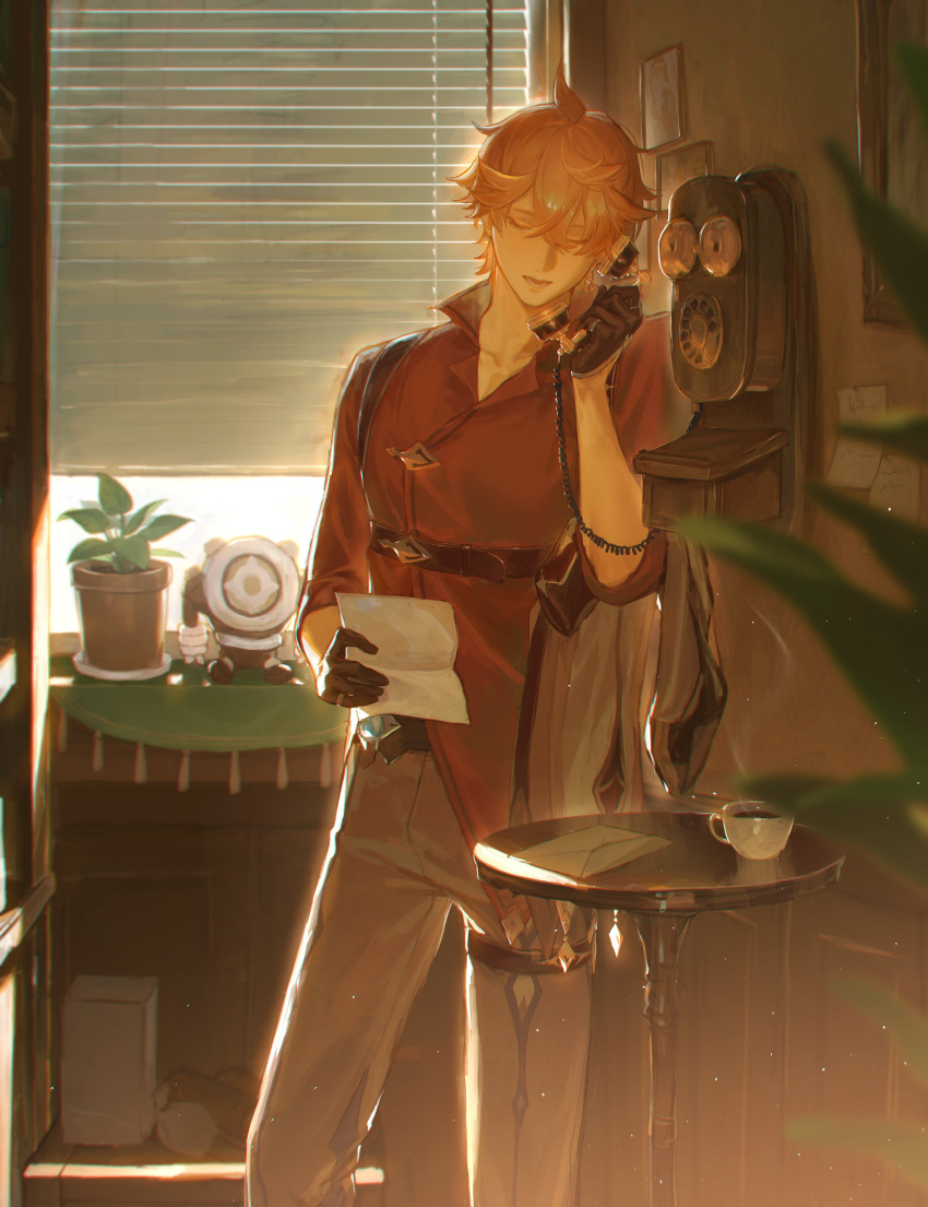 1boy, absurdres, antique_phone, black_gloves, closed_eyes, commentary_request, crossed_bangs, cup