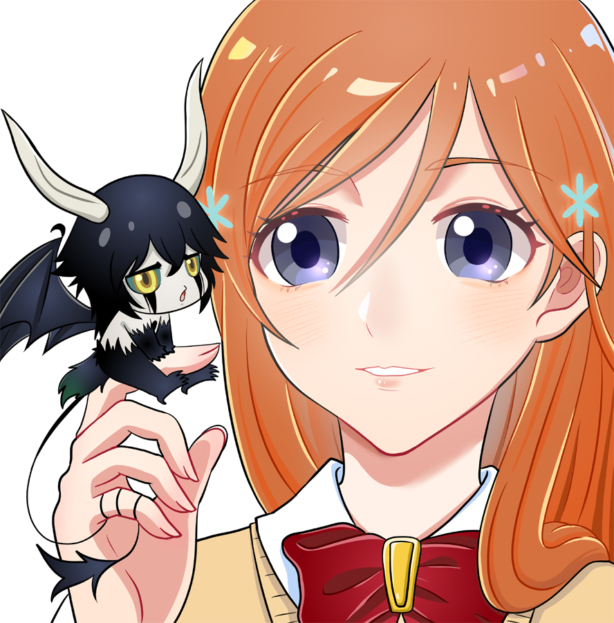 1boy, 1girl, aou_(tcwth), bleach, blush, bow, colored_sclera, demon_boy