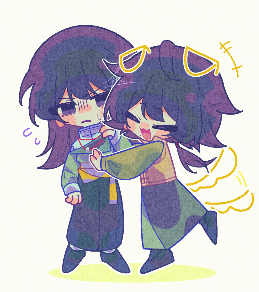 2boys, :3, an_laotou, aqua_shirt, black_footwear, black_hair, black_pants, chinese_commentary, closed_eyes, coat, commentary_request, deformed, drawn_ears, drawn_tail, flying_sweatdrops, frown, green_coat, green_jacket, highres, jacket, long_hair, long_sleeves, male_focus, mole, mole_on_cheek, mole_under_eye, multiple_boys, open_mouth, pants, ponytail, shirt, simple_background, smile, sweat, touqi_guaitan, vest, violet_eyes, white_background, yellow_vest, ziche_fuqing, ziche_fuzhao