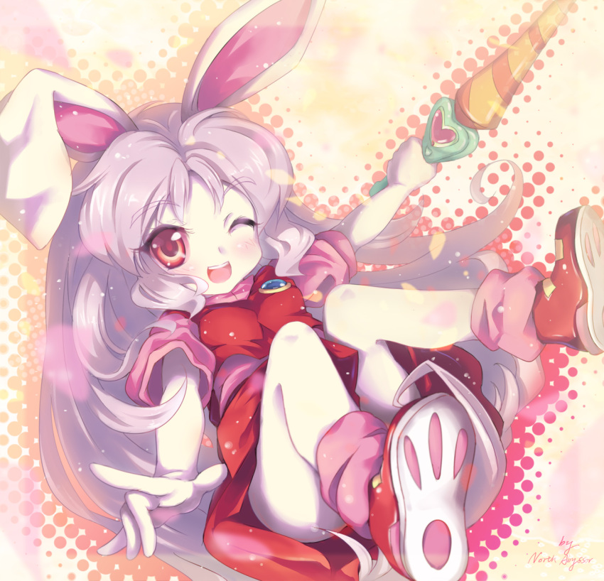 breasts, bunny_ears, cream_(eto_ranger), highres, juuni_senshi_bakuretsu_eto_ranger, north_abyssor, open_mouth, pointing, purple_hair, rabbit_ears, red_eyes, small_breasts, teen, wand, wince, wink