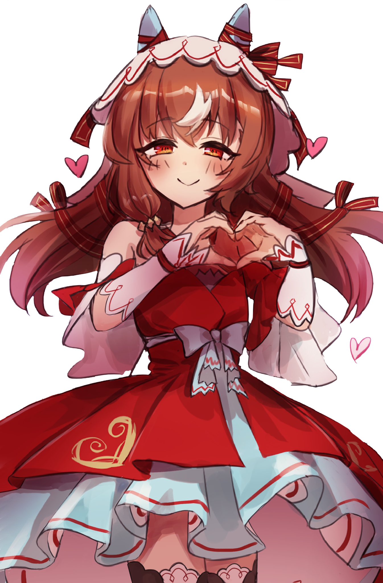 1girl, animal_ears, blush, breasts, brown_hair, collarbone, commentary, detached_sleeves