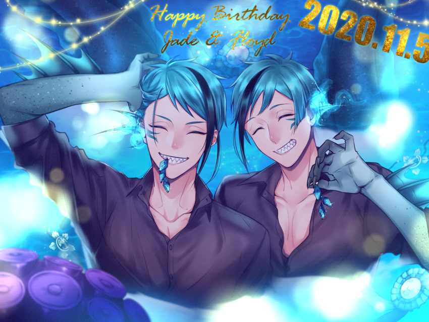 2boys, black_shirt, blue_hair, brothers, closed_eyes, commentary_request, dated, eel_boy