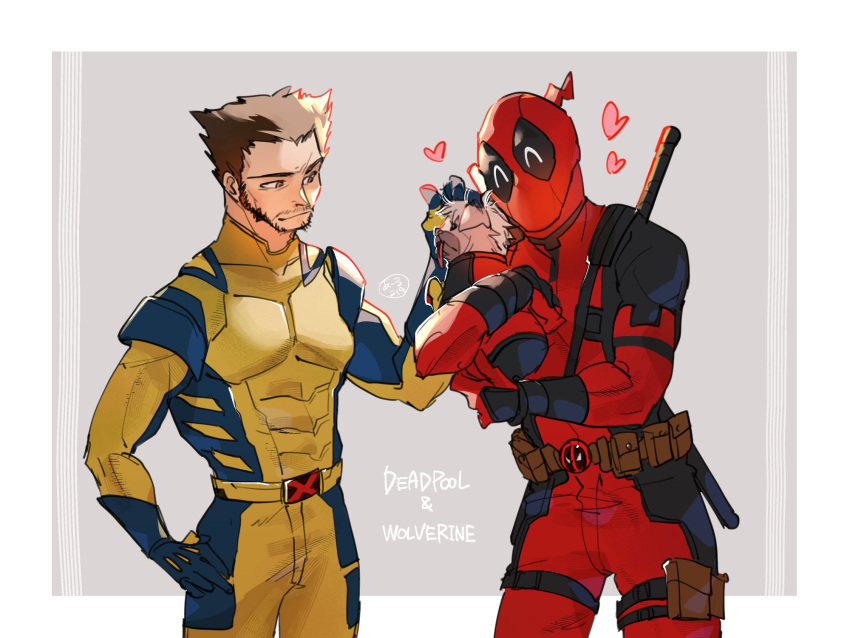2boys, animal, animification, beard, belt, bodysuit, brown_hair, commentary_request
