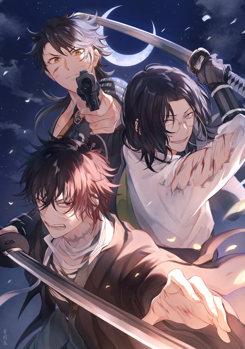 3boys, :d, absurdres, aiming, aiming_at_viewer, armor, bandaged_neck, bandages