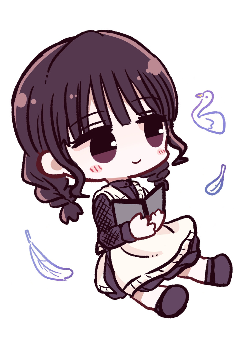 1girl, absurdres, animification, black_dress, blush, book, braid, brown_eyes