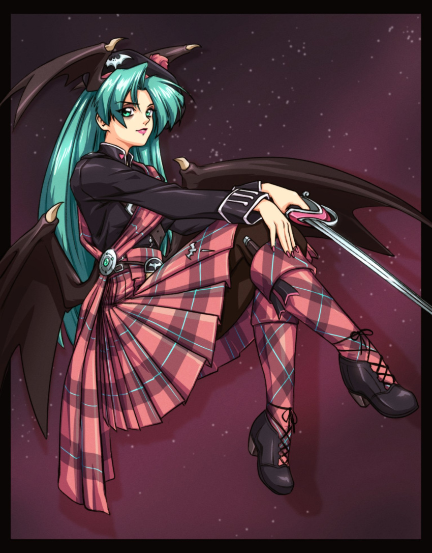 1girl, crossed_legs, green_eyes, green_hair, head_wings, highres, holding, holding_sword, holding_weapon, looking_at_viewer, low_wings, morrigan_aensland, pink_skirt, plaid_clothes, plaid_skirt, sirknightbot, skirt, smile, solo, sword, vampire_(game), weapon, wings