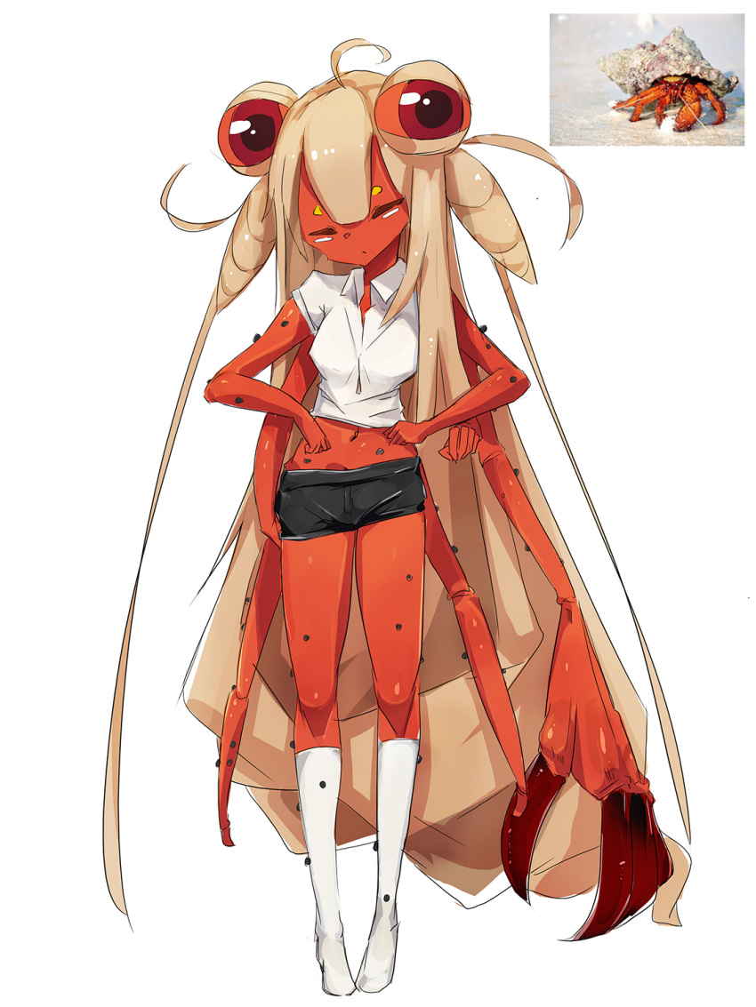 1girl, absurdly_long_hair, ahoge, arthropod_girl, black_shorts, blonde_hair, breasts, carapace