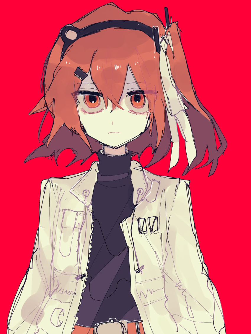 1girl, a.i._voice, adachi_rei, arms_at_sides, belt, black_shirt, closed_mouth, crossed_bangs, hair_between_eyes, hair_ribbon, hashtag-only_commentary, highres, jacket, lonepi, long_sleeves, looking_up, one_side_up, open_clothes, open_jacket, orange_belt, orange_eyes, orange_hair, red_background, ribbon, shirt, short_hair, simple_background, solo, sound_wave, straight-on, turtleneck, turtleneck_shirt, upper_body, utau, white_jacket, white_ribbon