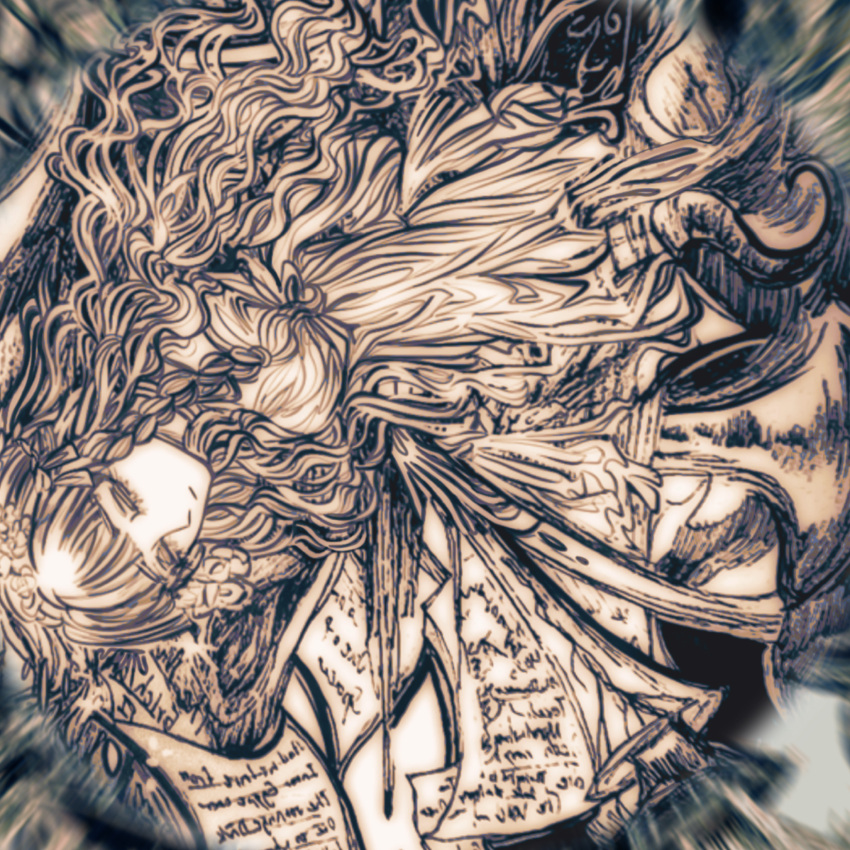 1girl, ambrosedexter, braid, closed_eyes, commentary_request, cthulhu_mythos, dress, highres, horn_(instrument), mixed-language_commentary, original, paper, sepia, sideways, sleeping, solo, tentacles