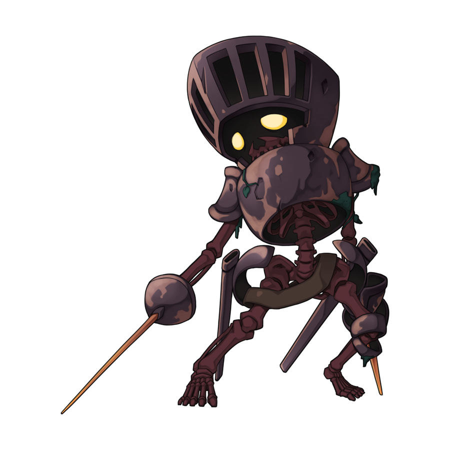 1other, armor, breastplate, chibi, chibi_only, colored_sclera, dual_wielding, eyes_in_shadow, foil_(fencing), full_body, helmet, holding, holding_sword, holding_weapon, khalitzburg_(ragnarok_online), looking_at_viewer, official_art, other_focus, pauldrons, ragnarok_online, scabbard, sheath, shoulder_armor, simple_background, skeleton, solo, standing, sword, transparent_background, undead, weapon, yellow_sclera, yuichirou