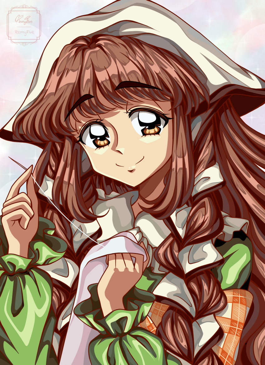 1990s_(style), 1girl, absurdres, braid, brown_eyes, brown_hair, commentary_request, dress