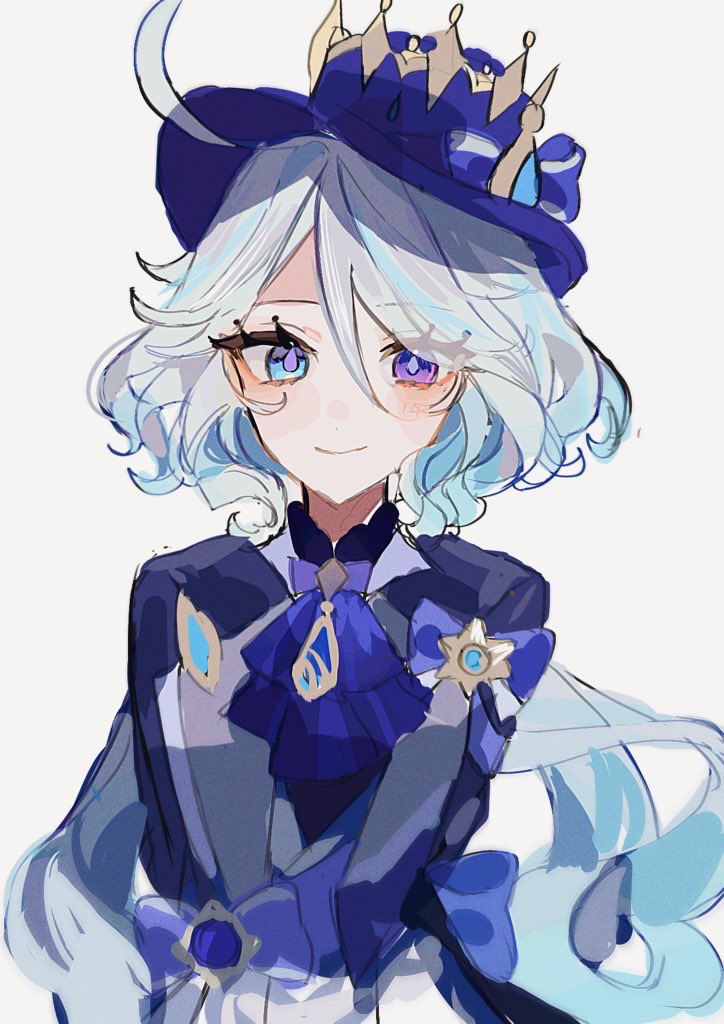 1girl, ahoge, blue_eyes, blue_hair, blush, furina_(genshin_impact), genshin_impact, hair_between_eyes