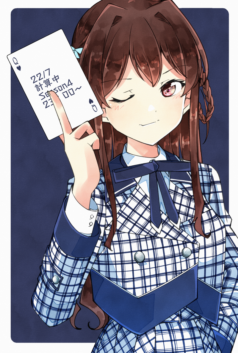 1girl, 22/7, ;), aqua_bow, blue_background, blue_bow, blue_bowtie, border