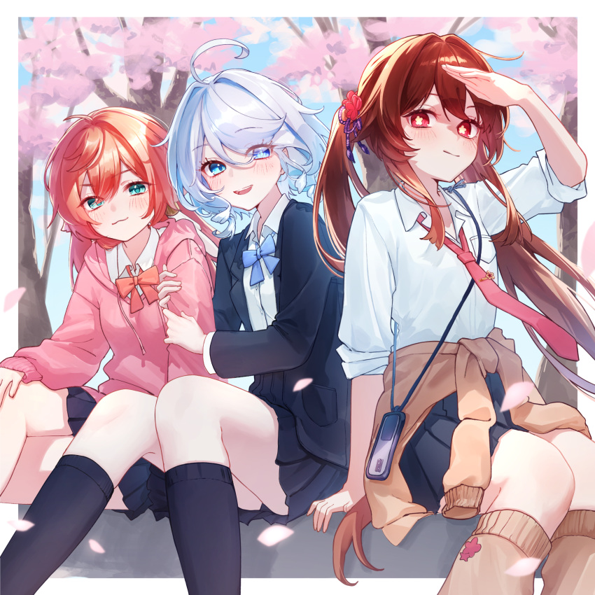3girls, :3, absurdres, antlers, black_jacket, black_skirt, black_socks, blue_bow