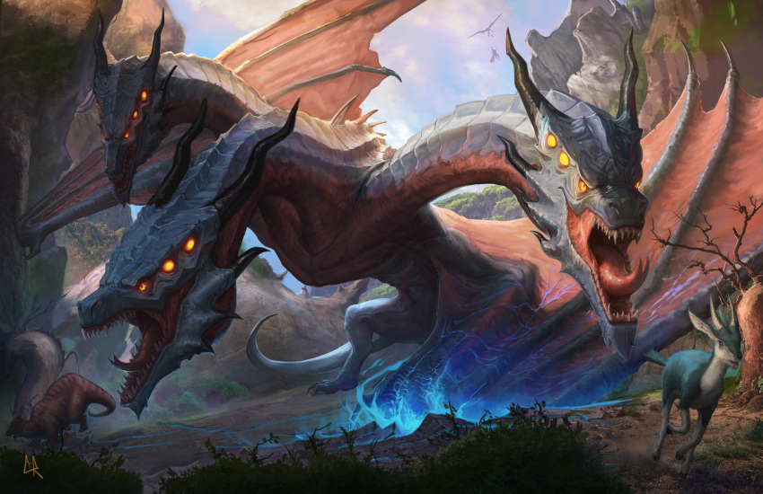 1other, aptonoth, bioluminescence, bush, chipyray, clouds, creature, crossover, deer, dinosaur, dragon, dragon_horns, dragon_wings, fleeing, flying, forked_tongue, fusion, giant, giant_monster, glowing, glowing_eyes, glowing_veins, godzilla:_king_of_the_monsters, godzilla_(series), highres, horns, kaiju, kelbi, king_ghidorah, monster_focus, monster_hunter:_world, monster_hunter_(character), monster_hunter_(series), monsterverse, nostrils, open_mouth, outdoors, scales, sharp_teeth, signature, sky, slit_pupils, spikes, tail, teeth, tongue, wings, wyvern, xeno'jiiva, yellow_eyes