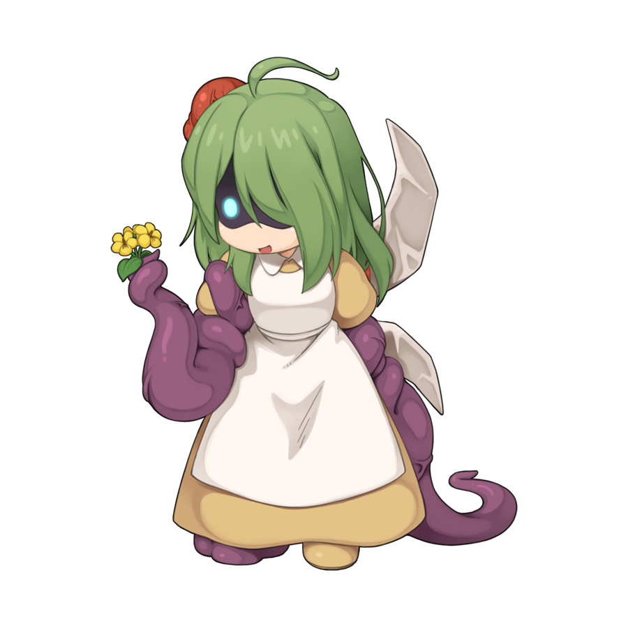 1girl, ahoge, apron, blue_sclera, brown_dress, chibi, chibi_only, colored_sclera