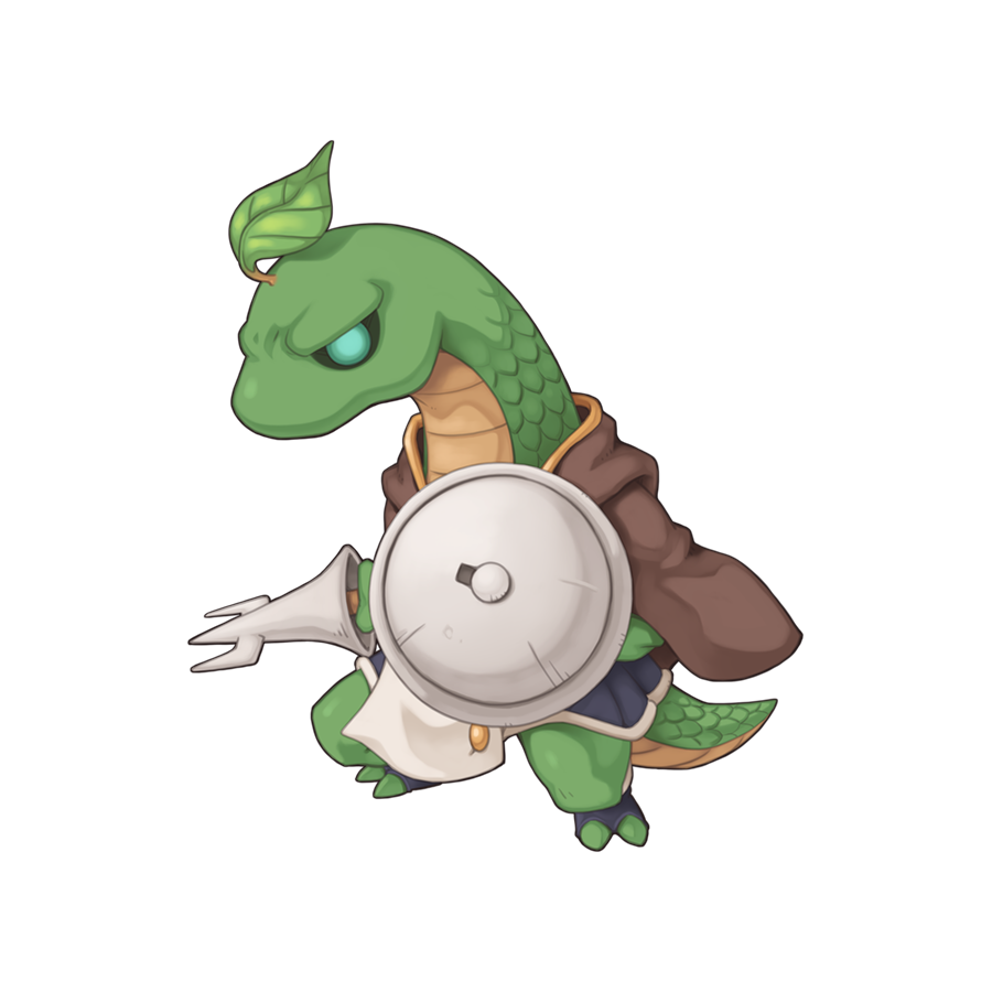brown_cape, cape, chibi, chibi_only, combat_basilisk, creature, fighting_stance, full_body, holding, holding_polearm, holding_shield, holding_weapon, lance, leaf, leaf_on_head, looking_at_viewer, no_humans, official_art, polearm, ragnarok_online, shield, simple_background, snake, solo, transparent_background, weapon, yuichirou