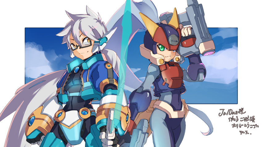 1boy, 1girl, absurdres, armor, ashe_(mega_man), black_bodysuit, black_helmet, blue_hair