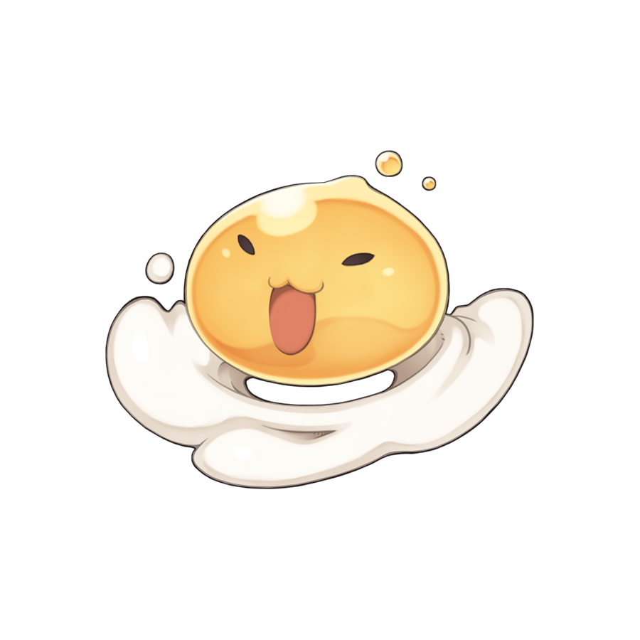 :3, chibi, chibi_only, closed_eyes, eggring, fried_egg, full_body, jumping, no_humans, official_art, open_mouth, ragnarok_online, simple_background, slime_(creature), smile, solo, transparent_background, yuichirou