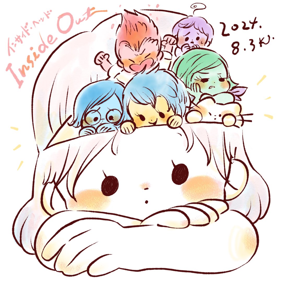 2024, 2boys, 4girls, :o, ahoge, anger_(inside_out), annoyed, arms_up