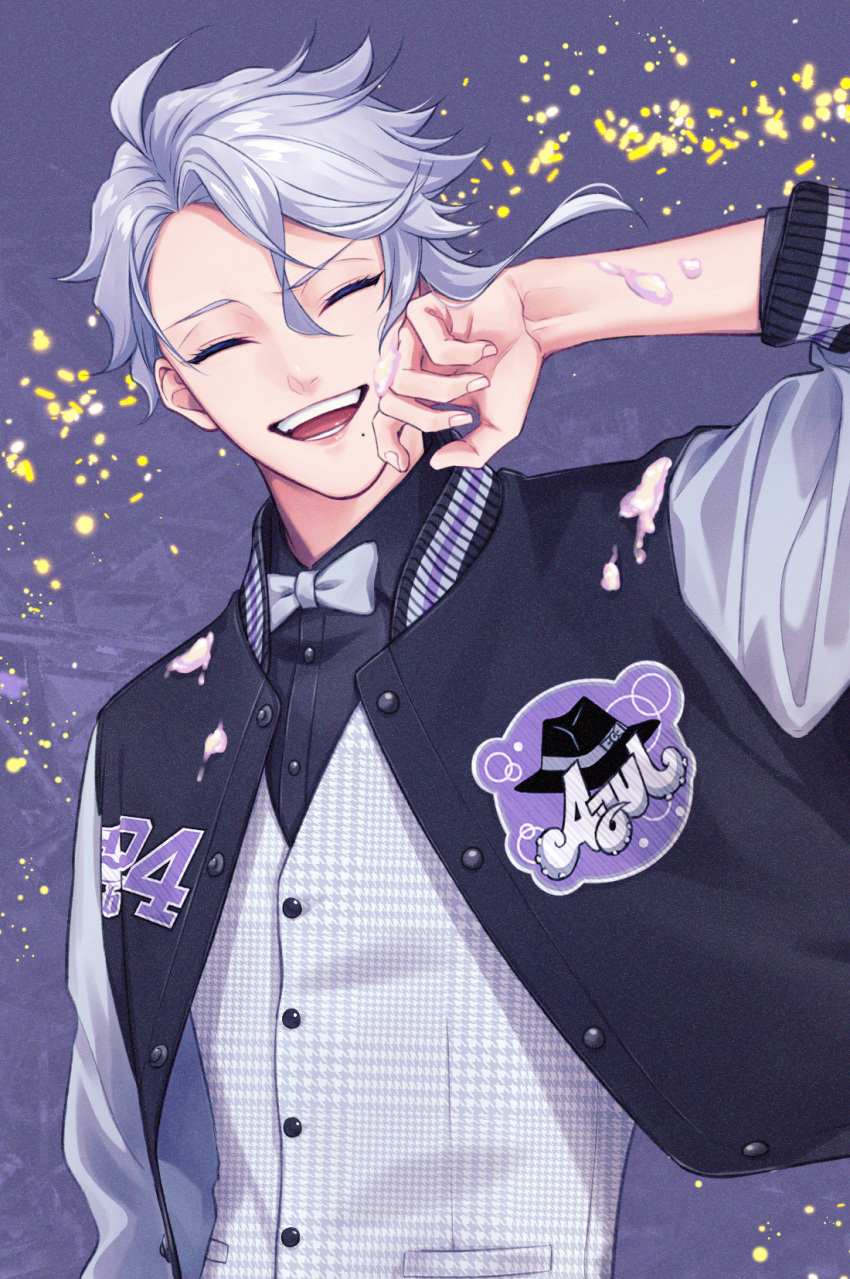 1boy, azul_ashengrotto, closed_eyes, facing_viewer, grey_hair, grey_vest, highres, icing