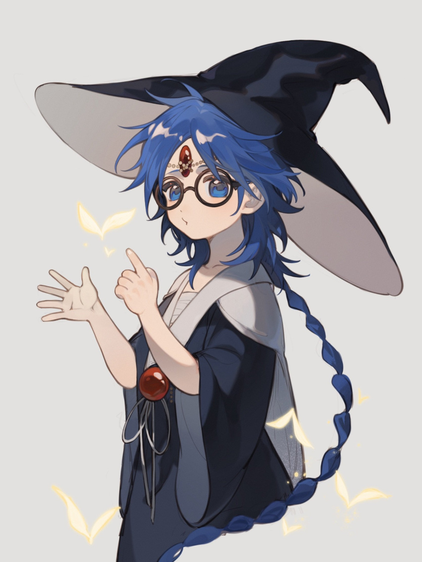 1boy, aladdin_(magi), blue_eyes, blue_hair, braid, glasses, grey_background, hat
