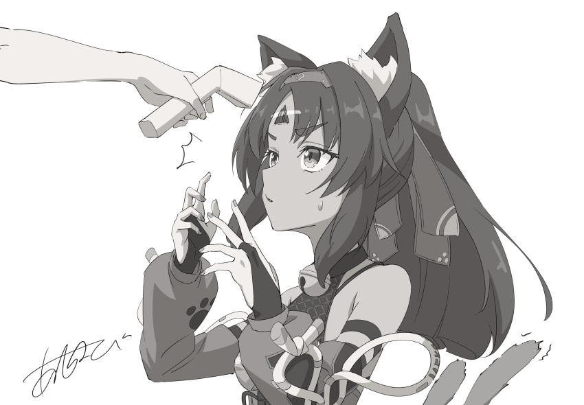 1girl, absurdres, anchobi, animal_ear_fluff, animal_ears, barcode_scanner, bell, bridal_gauntlets