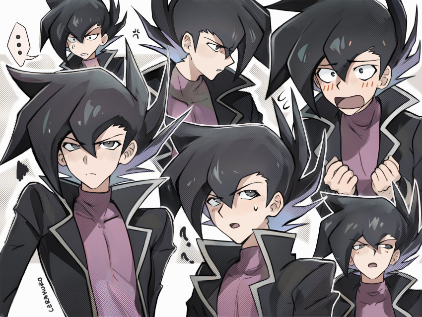 ..., 1boy, black_coat, black_eyes, black_hair, cerakuro, coat, expressions