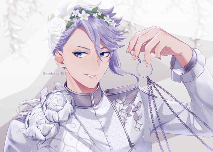 1boy, azul_ashengrotto, blue_eyes, coat, flower, grey_background, head_wreath, highres, long_sleeves, looking_at_viewer, male_focus, michihito, mole, mole_under_mouth, purple_hair, rose, short_hair, solo, twisted_wonderland, upper_body, veil, white_coat, white_flower, white_rose