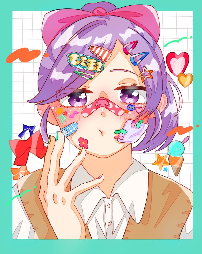 1girl, bandaid, bandaid_on_cheek, bandaid_on_face, bandaid_on_nose, bow, bow_print, cardigan_vest