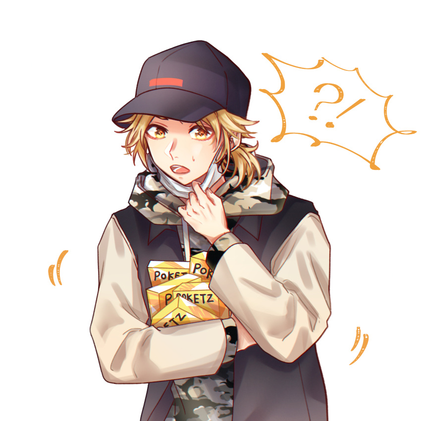 !?, 1boy, absurdres, baseball_cap, black_hat, black_jacket, blonde_hair, brand_name_imitation