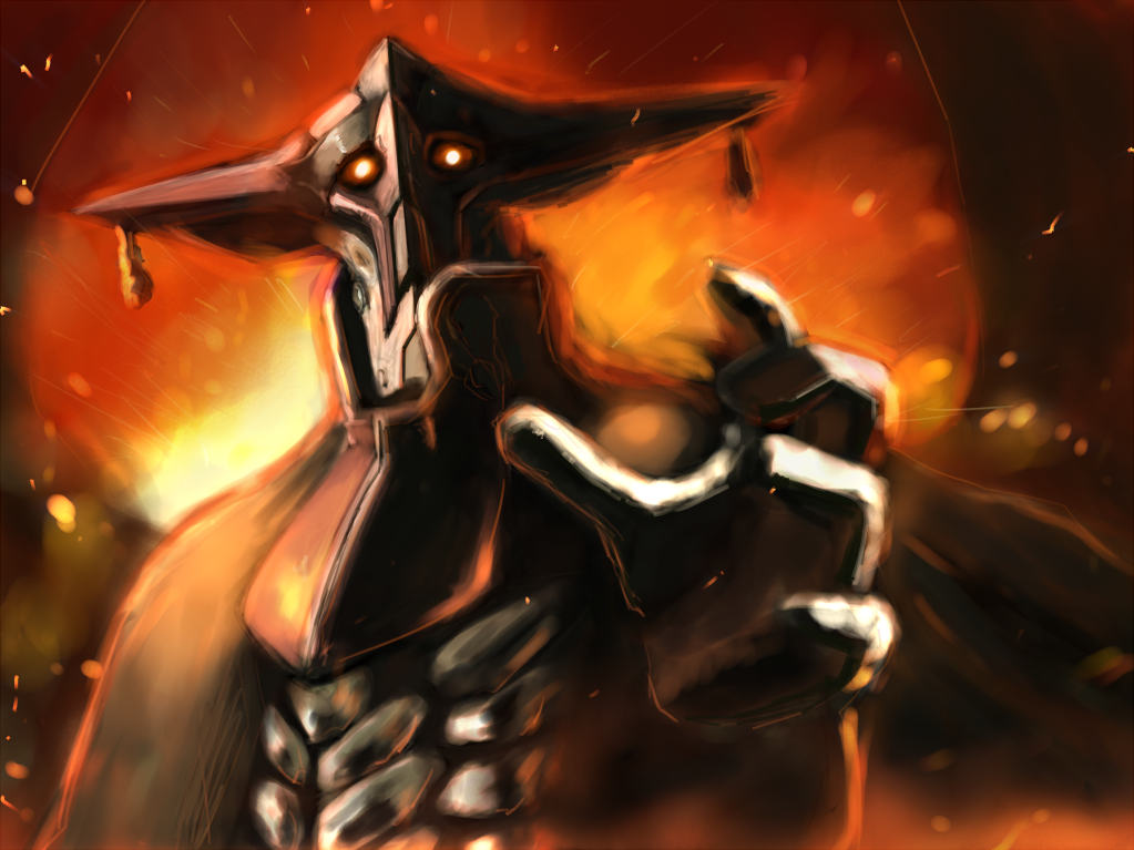 armor, bad_id, cape, embers, fire, grahf, hands, helmet, male, r_shotaro, smoke, solo, xenogears
