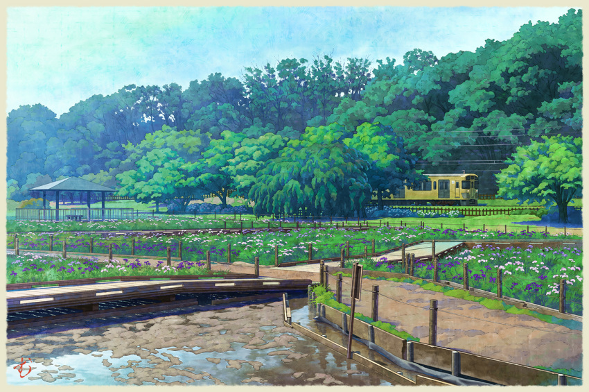 bench, bridge, clouds, day, fence, flower, forest, grass, landscape, mugumo_24k, nature, no_humans, original, outdoors, park, path, power_lines, railing, revision, scenery, seibu_railway, tokyo_(city), train, tree, veranda, water, wet, wooden_bridge