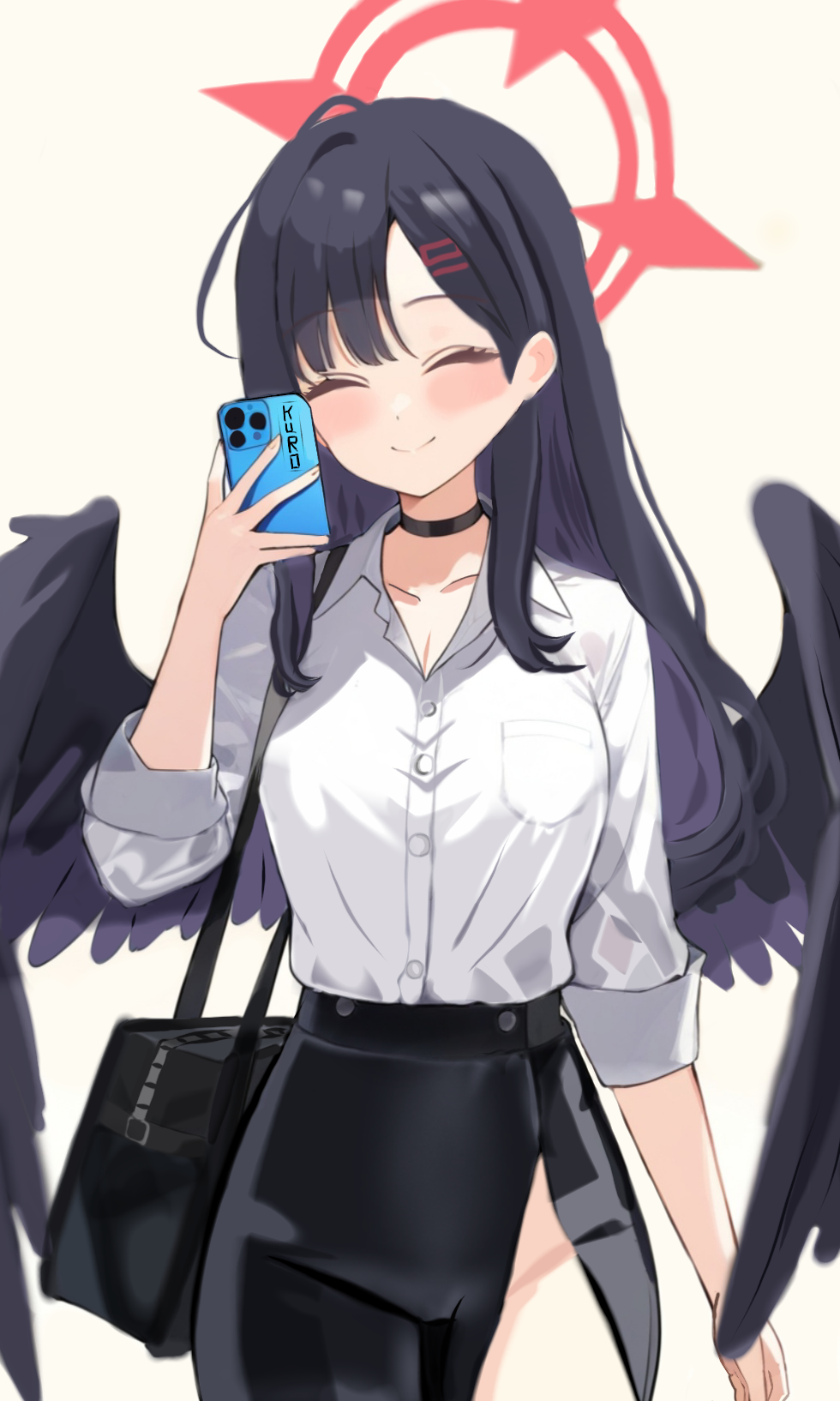 1girl, black_bag, black_choker, black_skirt, black_wings, blue_archive, blush, cellphone, choker, closed_eyes, closed_mouth, collared_shirt, commentary, facing_viewer, feathered_wings, hair_ornament, hairclip, halo, highres, holding, holding_phone, ichika_(blue_archive), kurogami_fuyuki, low_wings, office_lady, phone, red_halo, revision, safety_pin, shirt, simple_background, skirt, skirt_suit, smartphone, smile, solo, suit, white_background, white_shirt, wings