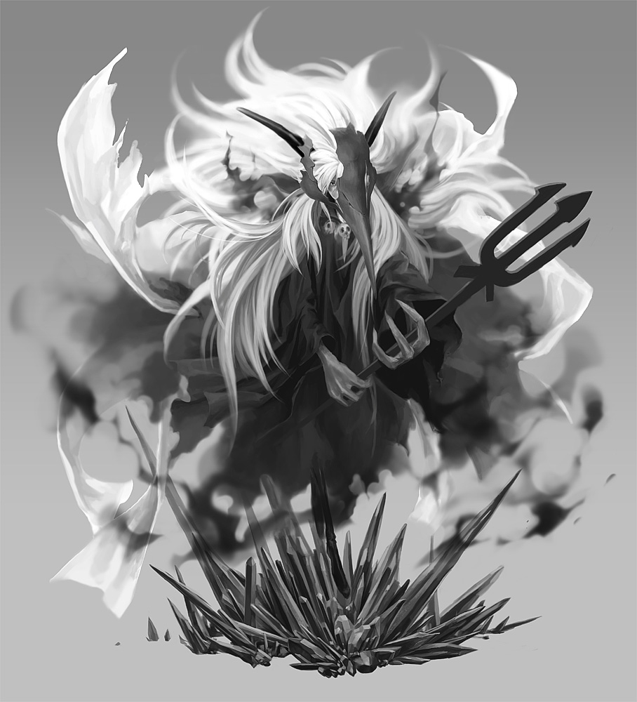 claws, houshin_engi, imaginaly_blank, long_hair, male, monochrome, monster, polearm