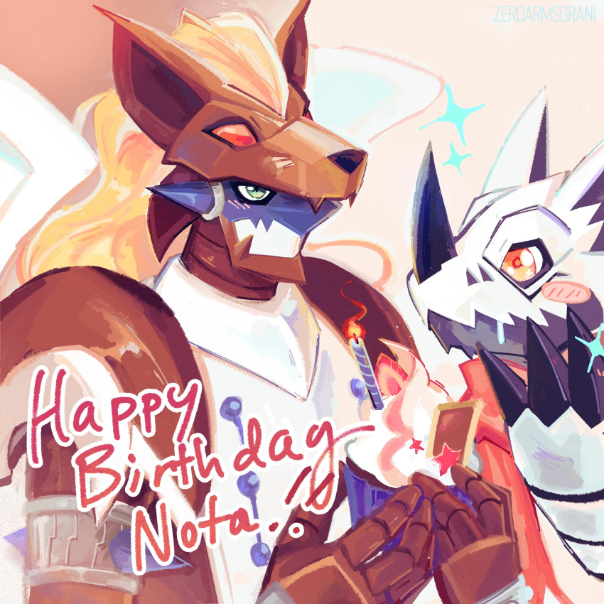 2boys, absurdres, blonde_hair, blush_stickers, brown_eyes, cupcake, digimon, digimon_(creature)