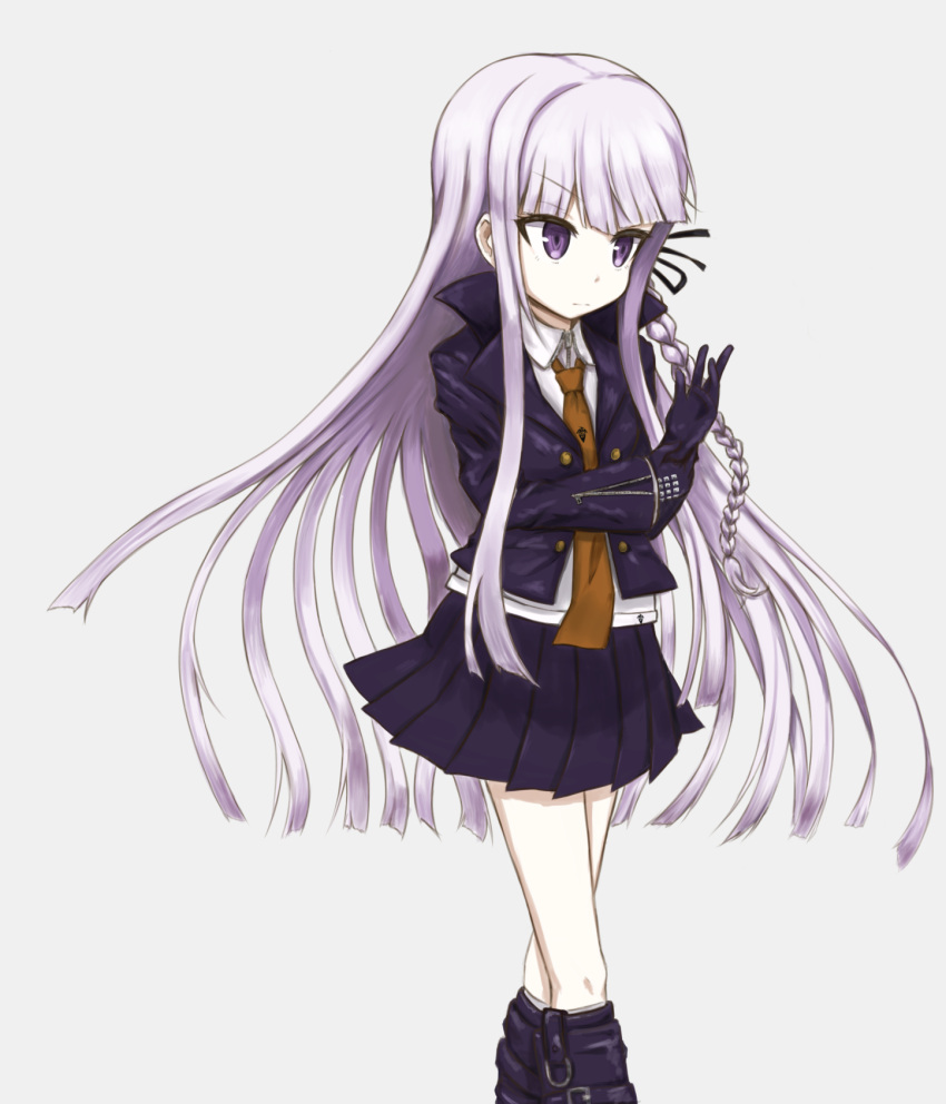 1girl, adjusting_clothes, adjusting_gloves, black_jacket, black_ribbon, black_skirt, braid, brown_necktie, calomini, collared_shirt, danganronpa:_trigger_happy_havoc, danganronpa_(series), gloves, grey_background, grey_hair, hair_ribbon, highres, jacket, kirigiri_kyoko, kneehighs, long_hair, miniskirt, necktie, open_clothes, open_jacket, pleated_skirt, ribbon, shirt, side_braid, simple_background, skirt, socks, solo, violet_eyes