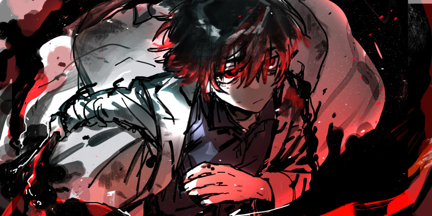 1boy, 4th_match_flame_(e.g.o), akantai, ashes, black_hair, black_shirt, coat, collared_shirt