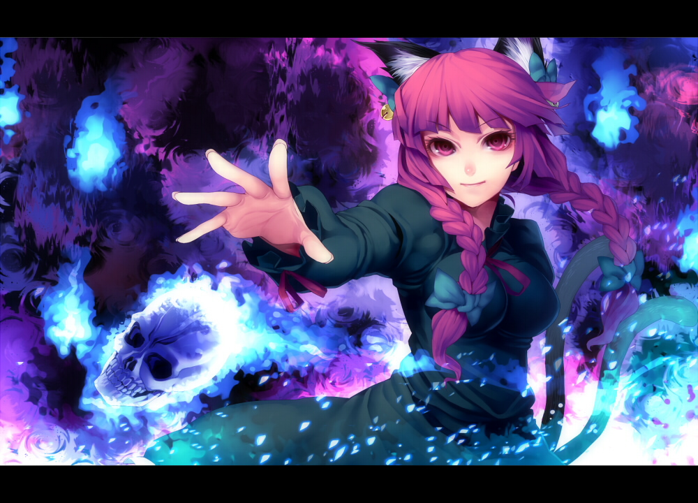 animal_ears, blue_fire, blue_flame, bow, braid, cat_ears, cat_tail, fire
