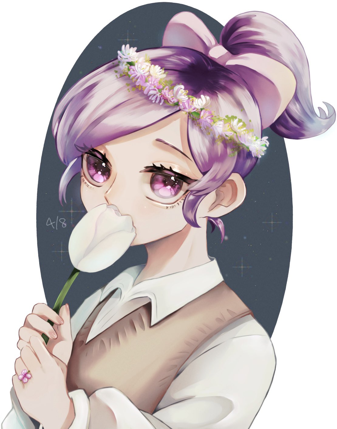1girl, bow, cardigan_vest, flower, flower_over_mouth, flower_ring, flower_wreath, hair_bow