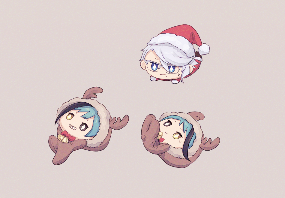 3boys, animal_costume, azul_ashengrotto, blue_hair, brown_eyes, character_doll, christmas, floyd_leech, full_body, glasses, grey_background, grey_hair, heterochromia, jade_leech, male_focus, michihito, multiple_boys, reindeer_costume, santa_costume, sharp_teeth, short_hair, simple_background, teeth, twisted_wonderland, white_hair, yellow_eyes