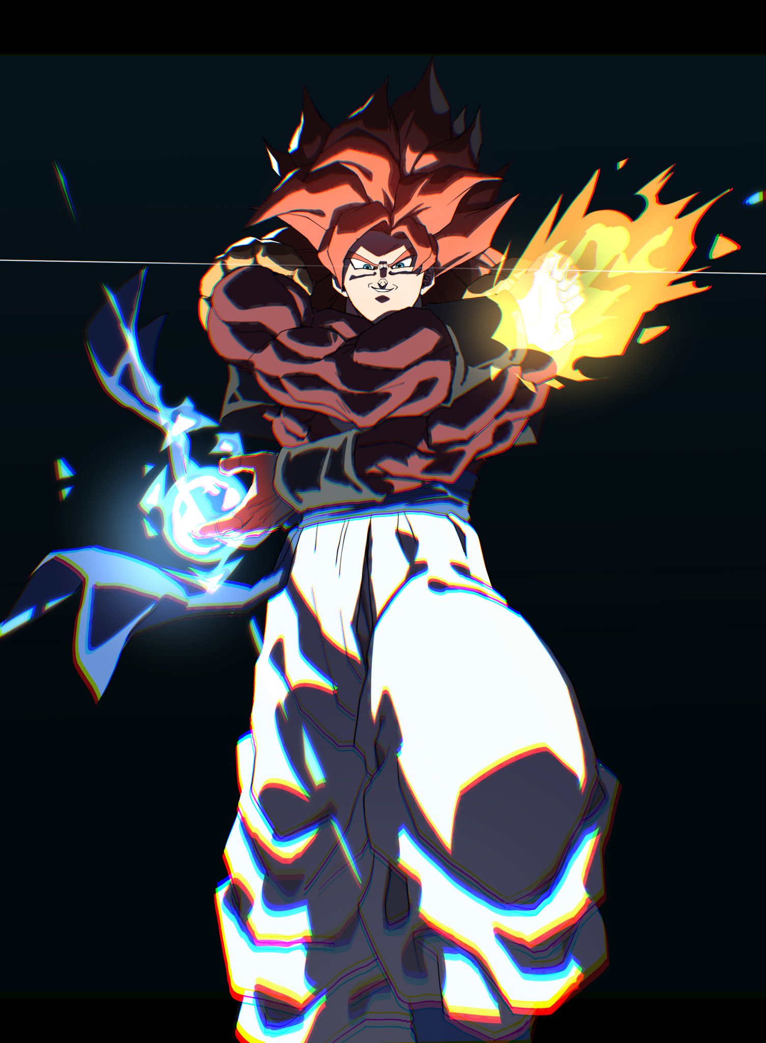 1boy, aura, black_background, black_vest, blue_eyes, blue_sash, body_fur, brown_fur