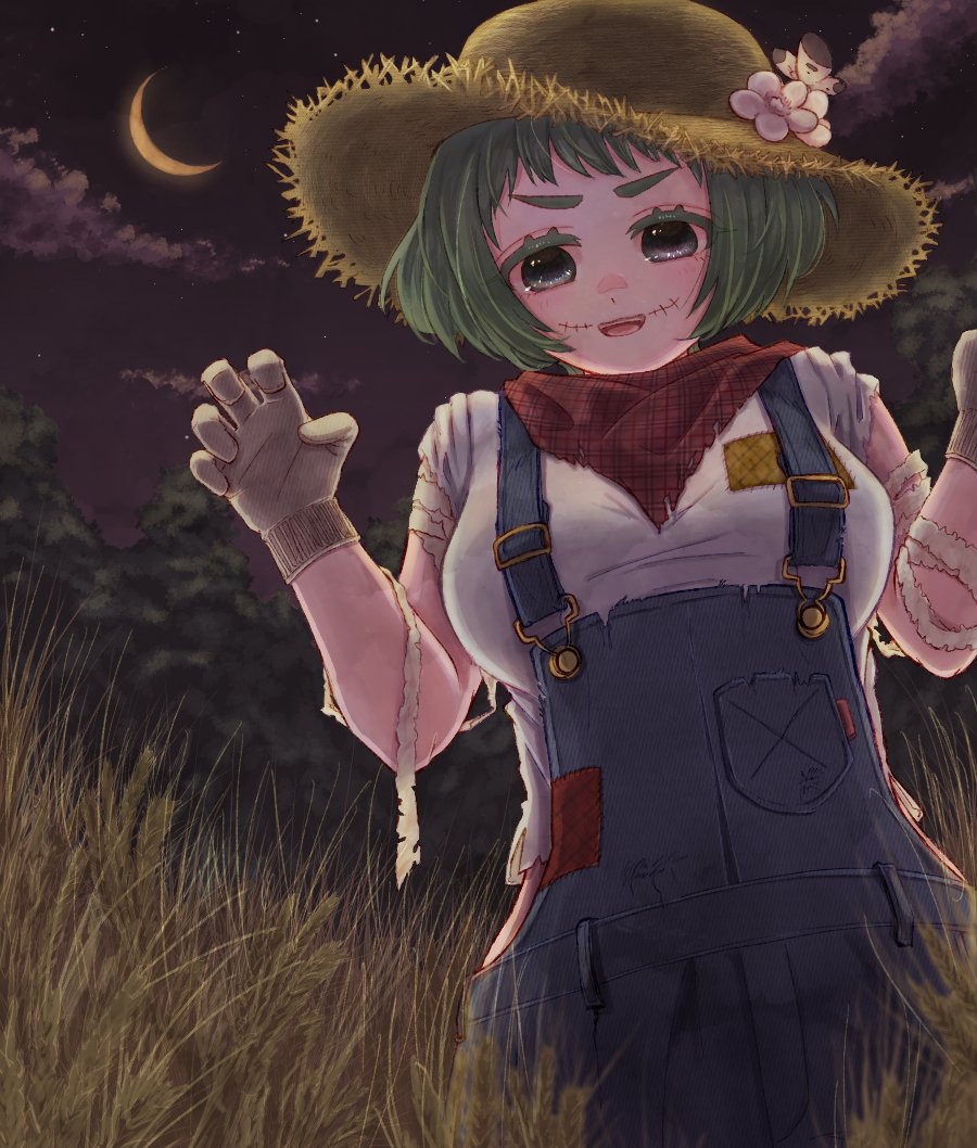 1girl, alternate_costume, bandaged_arm, bandages, bandana, bandana_around_neck, black_eyes, butterfly_on_hat
