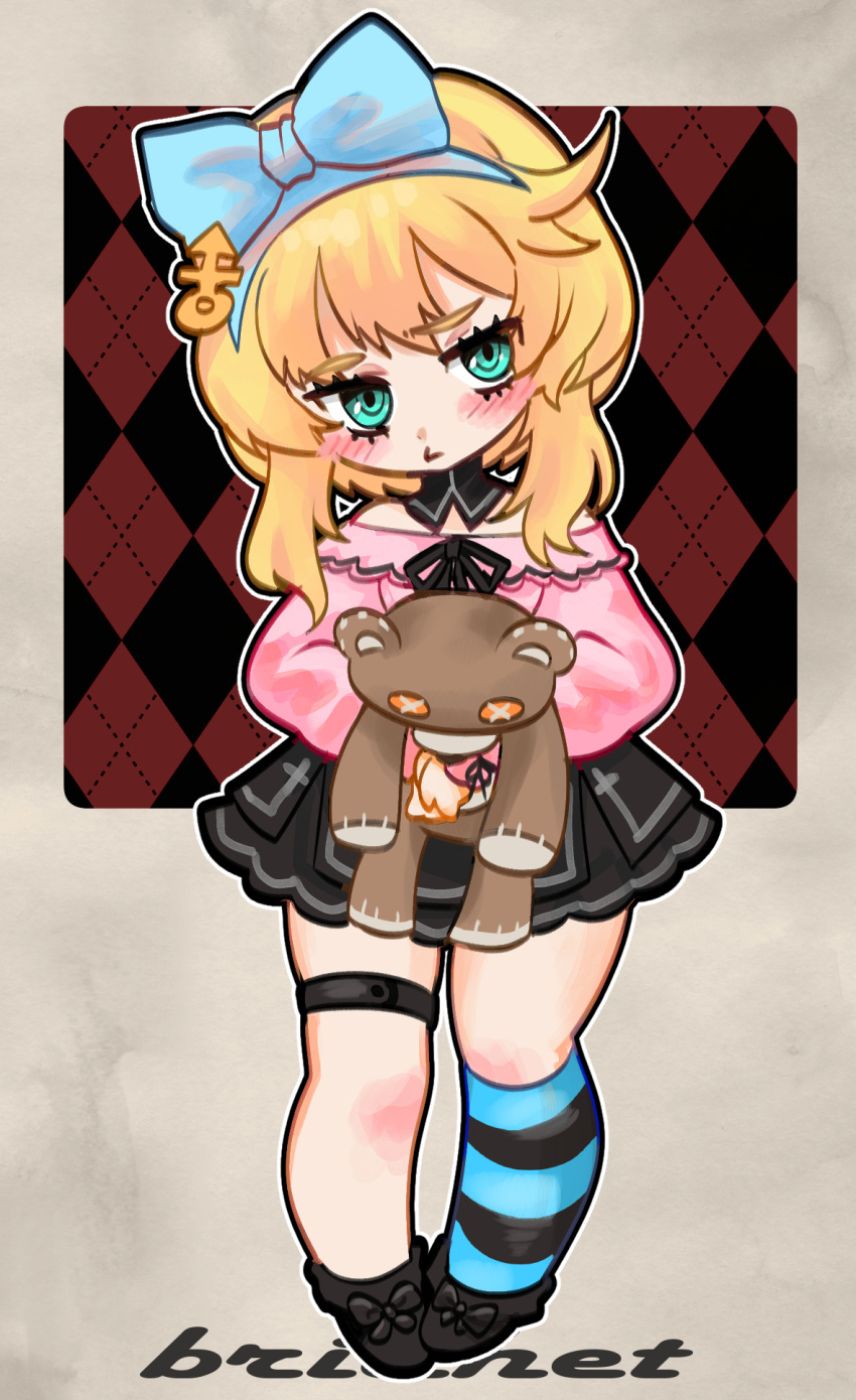 1girl, alternate_costume, androgyne_symbol, aqua_eyes, asymmetrical_legwear, blonde_hair, blush, bow, bridget_(guilty_gear), character_name, commentary_request, guilty_gear, guilty_gear_strive, highres, jirai_kei, jojcachu, korean_commentary, looking_at_viewer, mismatched_legwear, mixed-language_commentary, pink_shirt, ribbon, roger_(guilty_gear), shirt, shoes, skirt, standing, stuffed_animal, stuffed_toy, teddy_bear
