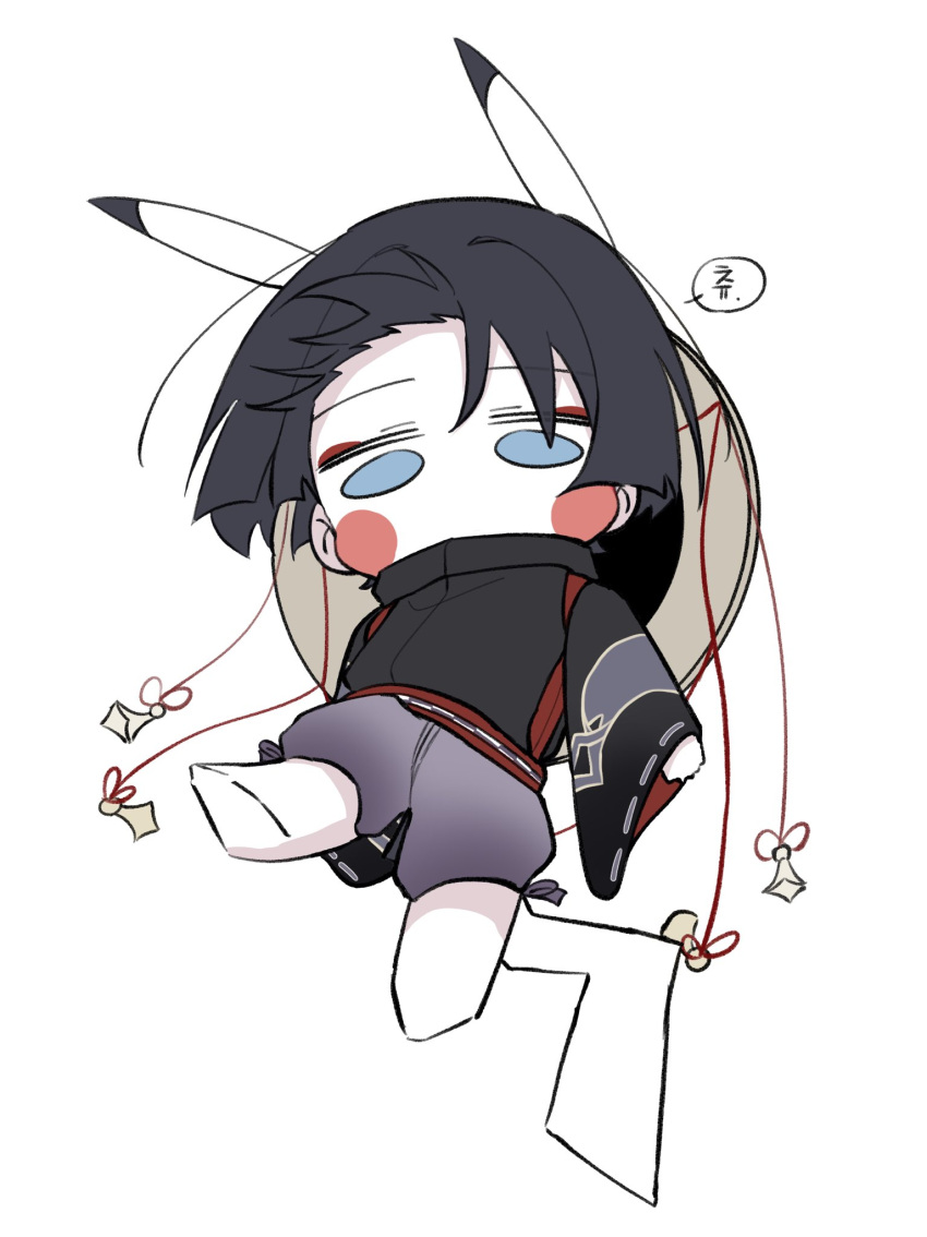 1boy, animal_ears, barefoot, black_hair, black_kimono, blue_eyes, blunt_ends, blush_stickers, cchyo_61, chibi, covered_mouth, eyeliner, eyeshadow, genshin_impact, hair_intakes, hat, hat_on_back, highres, japanese_clothes, jingasa, kariginu, kimono, kuronushi_(genshin_impact), long_sleeves, looking_at_viewer, looking_down, makeup, male_focus, pants, pikachu, pikachu_ears, pikachu_tail, pokemon, pokemon_tail, purple_pants, red_eyeliner, red_eyeshadow, scaramouche_(genshin_impact), solo, swept_bangs, tail, white_background, wide_sleeves
