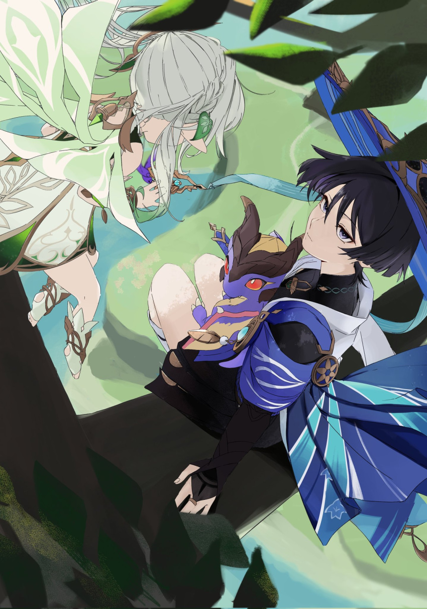 1boy, 1girl, animal_print, bell, bird_print, black_bodysuit, black_eyes, black_hair