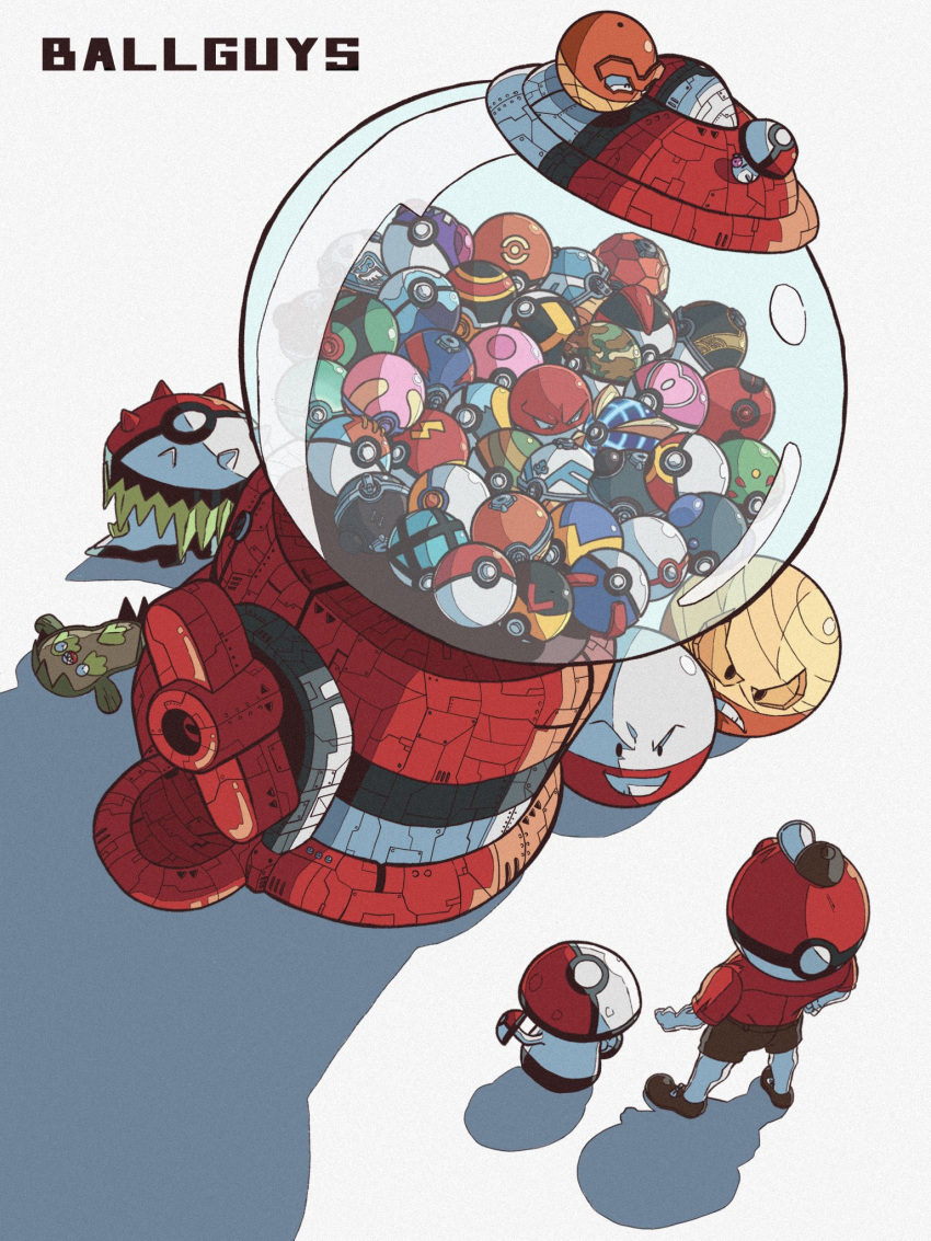 1boy, amoonguss, ball_guy, baseball_cap, beast_ball, brute_bonnet, cherish_ball, debudebumetabo, dive_ball, dream_ball, dusk_ball, fast_ball, foongus, friend_ball, galarian_stunfisk, gashapon, great_ball, gumball_machine, hat, heal_ball, heavy_ball, highres, hisuian_electrode, hisuian_voltorb, level_ball, love_ball, lure_ball, luxury_ball, mascot_costume, mascot_head, master_ball, moon_ball, nest_ball, origin_ball, poke_ball, poke_ball_(basic), poke_ball_(legends), poke_ball_print, pokemon, pokemon_swsh, polo_shirt, premier_ball, red_shirt, repeat_ball, safari_ball, shirt, strange_ball, timer_ball, ultra_ball, ultra_ball_(legends)