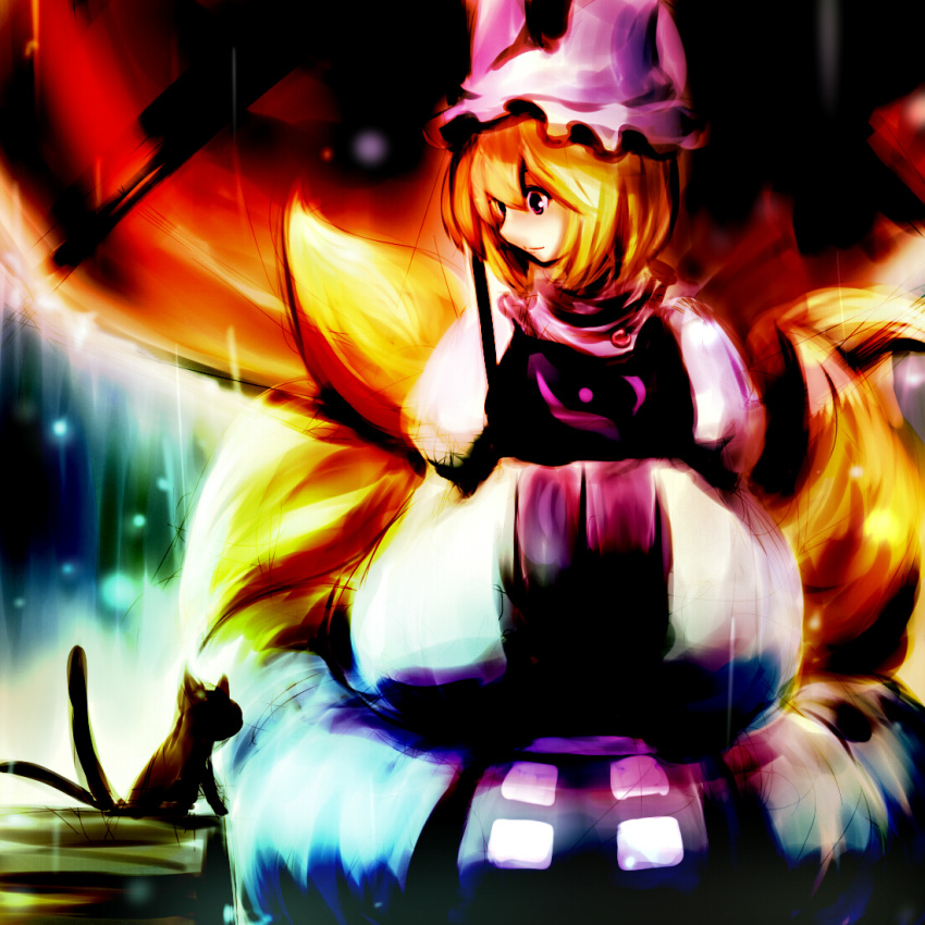 blonde_hair, cat, chen, chen_(cat), dearmybrothers, fox_tail, hands_in_sleeves, hat