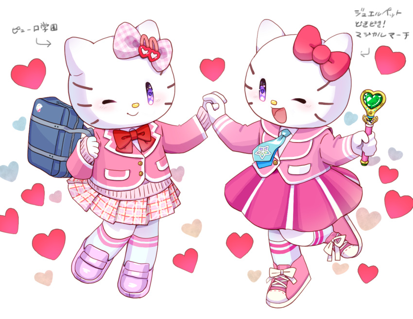 2girls, alternate_costume, animal_ears, bag, bow, cat_ears, cat_girl, commentary_request